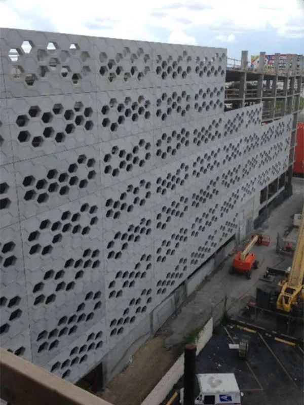 City View Parking Garage: Close up view of honeycomb panels.