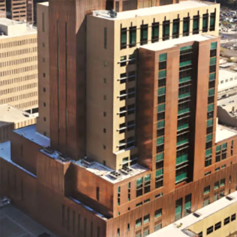 Maricopa County Courthouse: Aerial views of tower, precast is lighter shade, darker shades are copper panels.